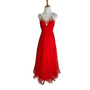 Vintage Red Chiffon Formal Dress Rhinestone Bust XS 80s Prom